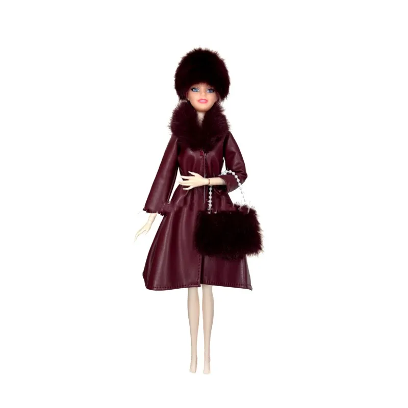 新しい 30 センチメートル人形服アクセサリー冬のファッション気質トレンドレザーコート + 帽子 + バッグセット 1/6 BJD FR FR2 スーパーモデルドール