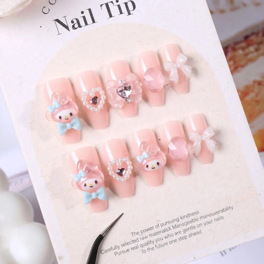 

24 шт. милых мультяшных накладных ногтей Sanrio My Melody, розовые, ручной работы, в форме балетных туфель, с бантиками, съемные накладные ногти для маникюра