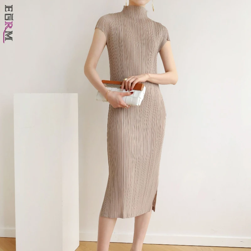 

EGRM Miyake, летнее плиссированное элитное модное повседневное универсальное тонкое платье Cheongsam с полувысоким воротником, новинка 2025, однотонная юбка 6R1
