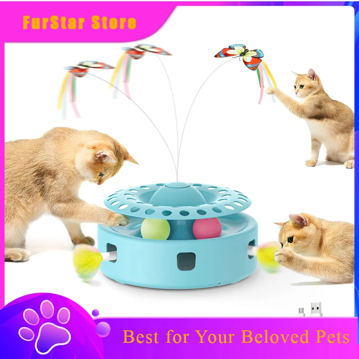 FurStar3in1 Automatic Interactive Kitten Toy, Fluttering Butterfly, Moving Ambush Feather, Track Balls,Dual Power Supplies, USB