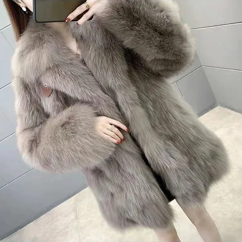 Snow Wear Luxury Faux Fox Fur Coat Thicken Warm Slim Belt Winter Overcoats Women Korean Fashion Furs Jacket Plush Chaquetas