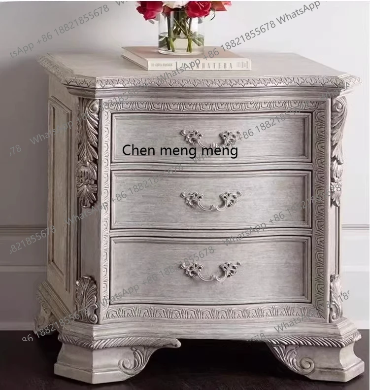 

American bedroom bedside table solid wood carving flower bedside table art villa old master bedroom furniture customization