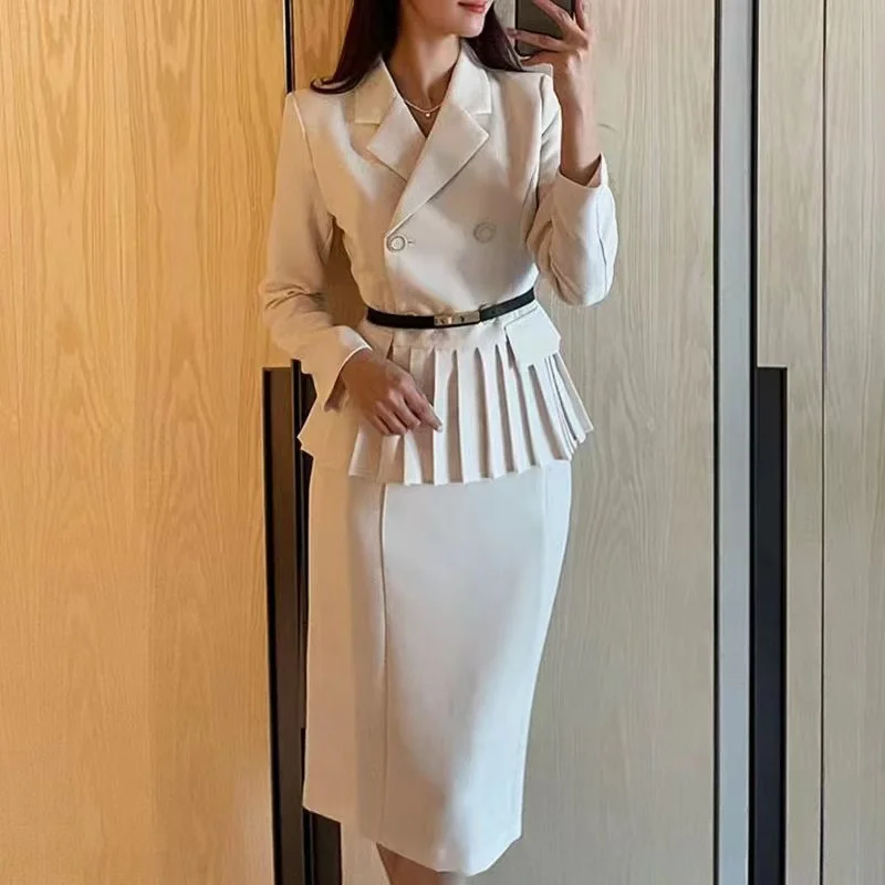 Autumn Spring Office Ladies Two Piece Set Women Notched Double-Breasted White Ruffles Belt Blazer Tops + Split Pencil Skirt Suit