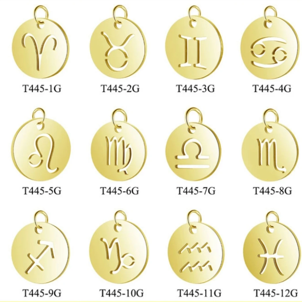 12Pcs/Lot 12mm Stainless Steel Mixed Zodiac Charms 12mm Mirror Polish Zodiac Signs Twelve Constellation DIY Jewelry Making