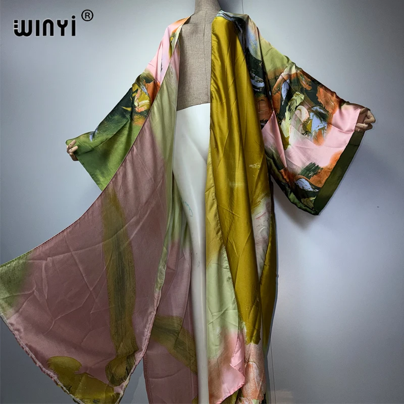 WINYI 2026 Boho Kimono Maxi Beach Wear Cover up Holiday Party Dress Luxury Muslim Women Fashion Open Front Kaftan