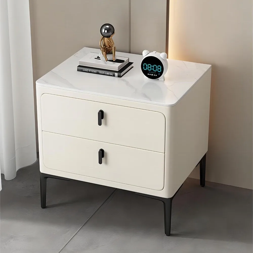 Elegante comodino a doppio cassetto con copertura in microfibra PU e supporti in acciaio inossidabile