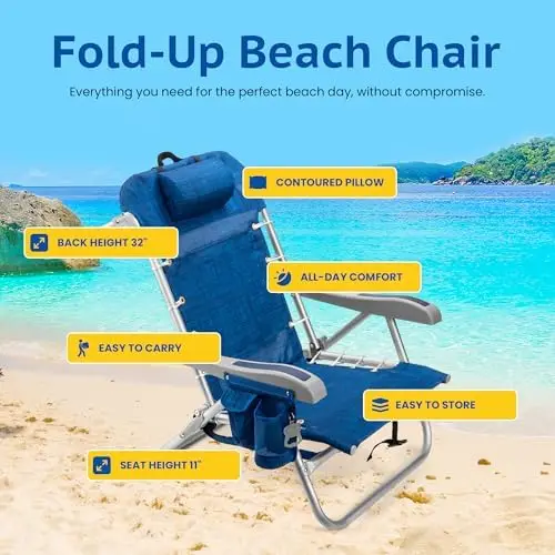 Cooler+ Folding Backpack Beach Chair with 5 Positions, Towel bar, XL Cooler Pouch, Storage Net, Cup and Phone Holder