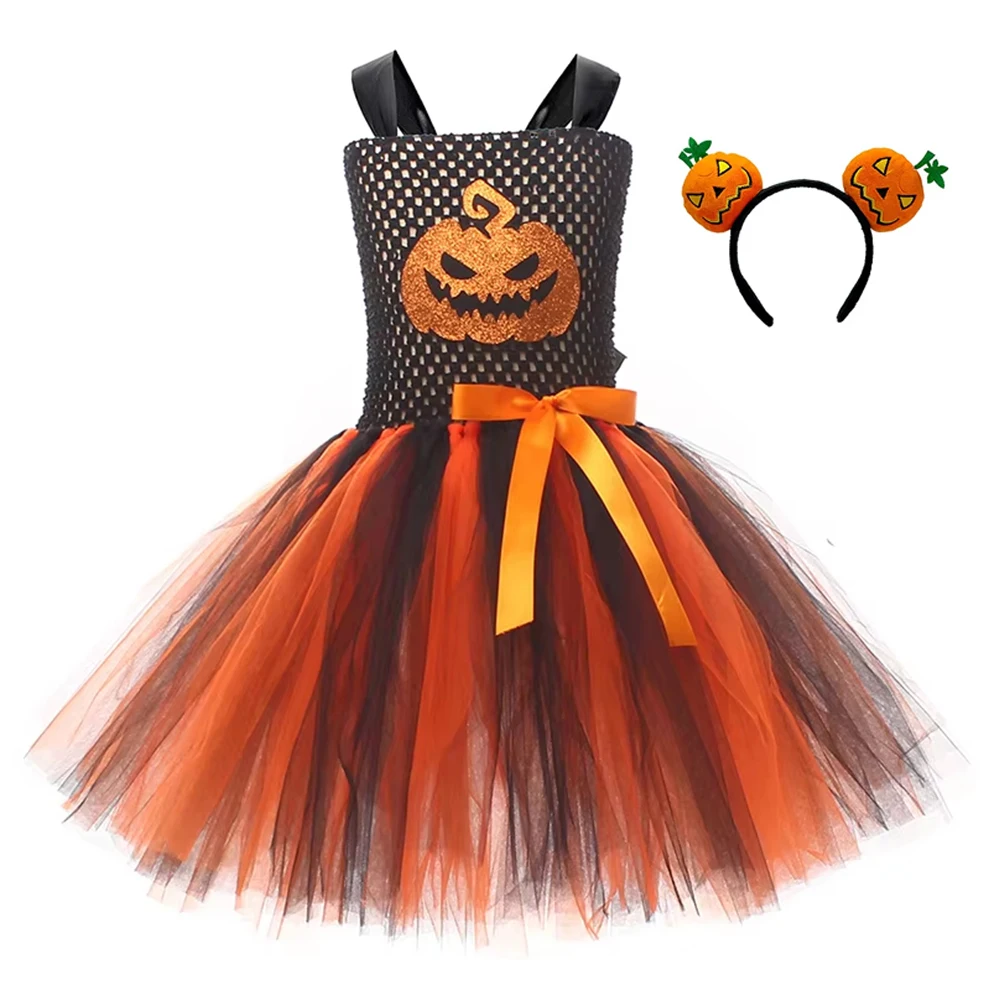 Kids Role Play Costume Dress Girls Multi‑Color Pumpkin Tulle Skirt Halloween Fancy Outfit for Stage Performance Trick or Treat