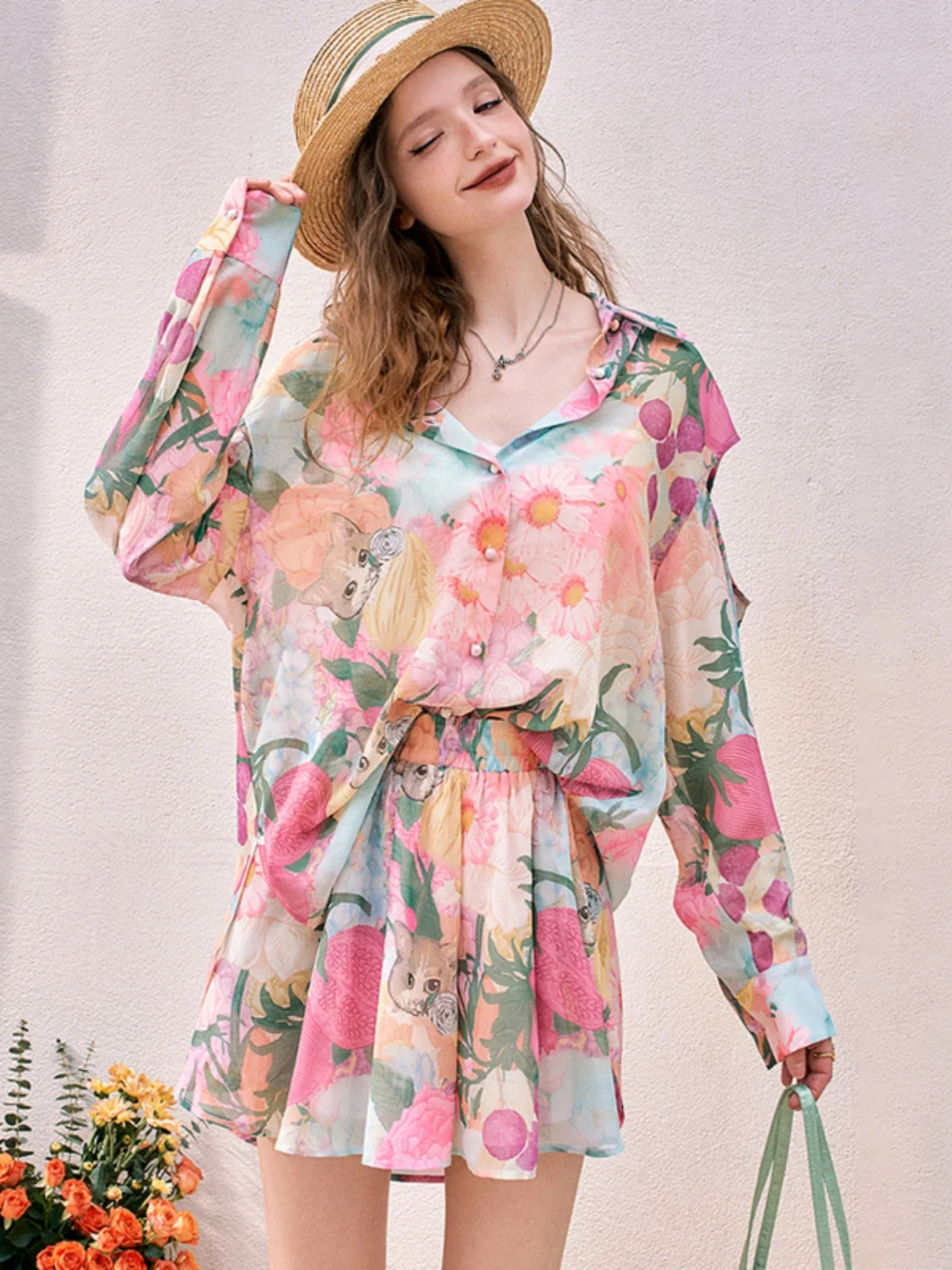 

Laid-ba Sle Printed irt orts Set Women's Faion Slimming Holiday Vibes Spring 2025 Long Sve Collar Button up