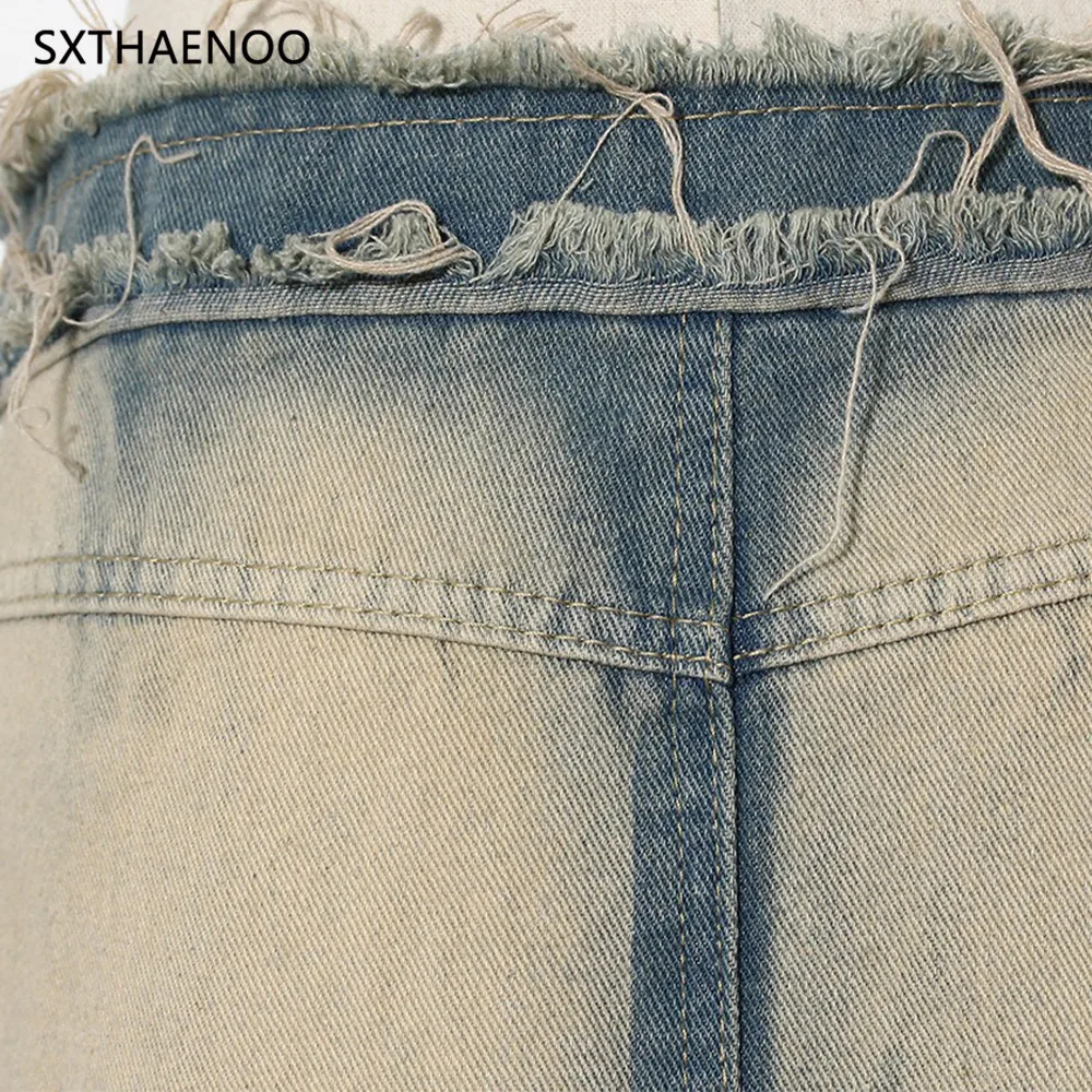 Sxthaenoo azul bainha irregular vintage denim rebarba casual meio corpo saia de cintura alta moda feminina maré nova primavera outono 2025