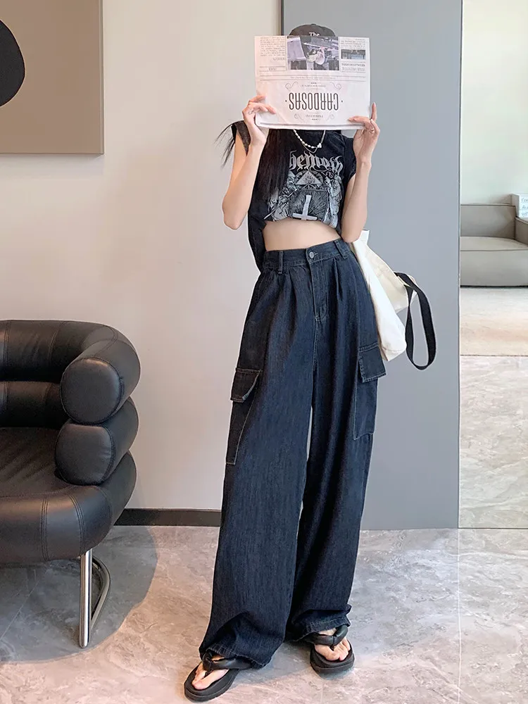 

High Street Retro Casual Large Pocket Denim Pants Women Clothes Summer High Waist Loose Female Straight Jeans Roupas Femininas