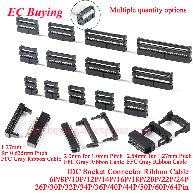 5-20Pcs 2.54MM 2.00MM 1.27MM Pitch 8 10 12 16 20 24 30 34 40 50 Pin Female FC Socket IDC Connector Gray Ribbon Cable 1.0MM Flat