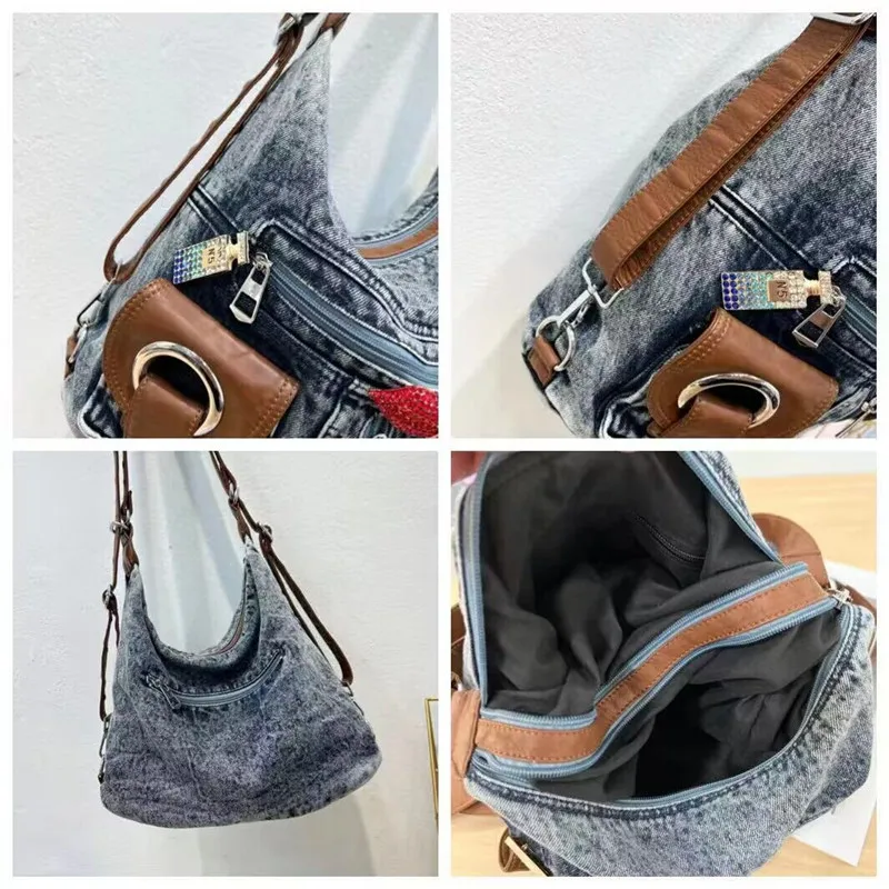 Vintage Premium Wash denim Bag Single Shoulder Crossbody Motorcycle large capacity weekend travel shopping bag