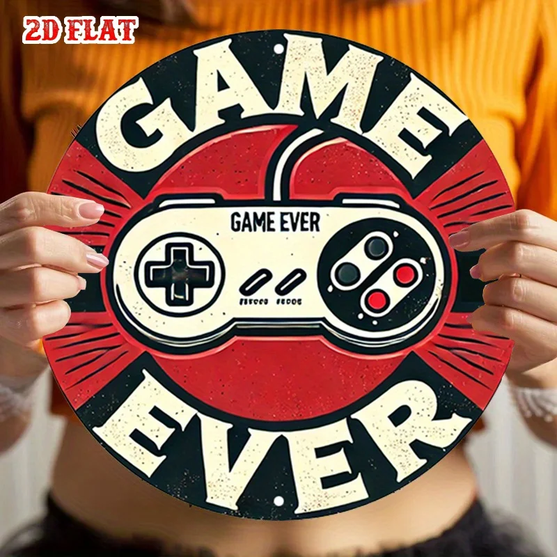 2D Flat 1pc Retro Gaming Round Aluminum Sign, Controller Design Metal Sign - Game Ever Rustic Metal Wall Art, Fun Vibes view 5