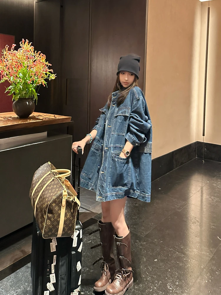 

EKOOL Heavyweight Waed Linen Stand Collar Workwear Denim Jaet Women's Loose Mid-Length Casual Outerwear