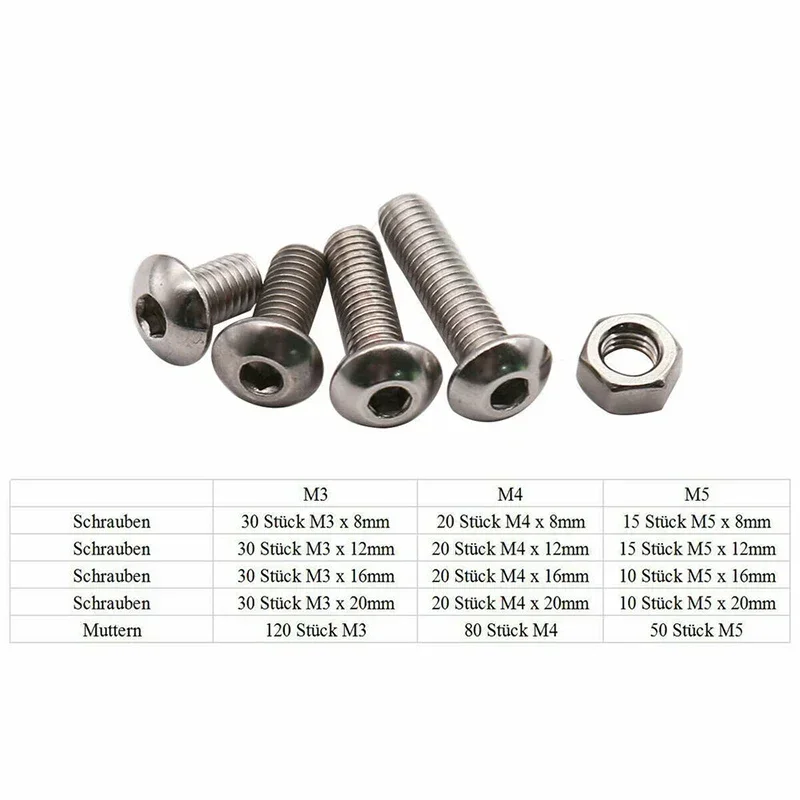 500pcs M3 M4 M5 Stainless Steel Hex Button Socket Head Cap Screw Nut Hexagon Metric Thread Machine Bolt Assortment Kit Set
