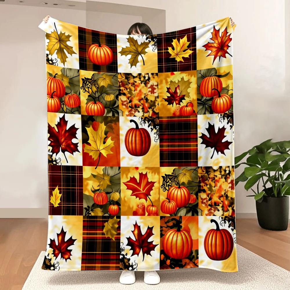 1pc Fall Pumpkin and Maple Leaf Print Blanket, Super Soft, Perfect for Halloween Decor; Perfect for Sofa, Bed, or Chaise