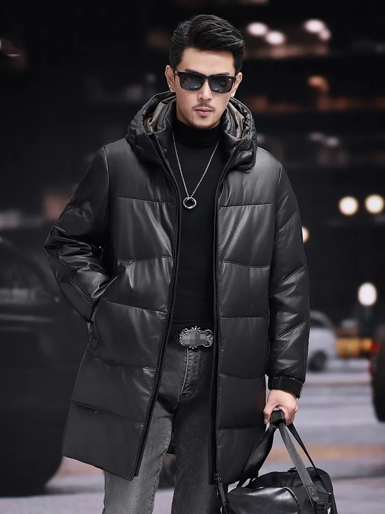 أعلى جودة الشتاء الرجال هودي طويل جلد البقر جلد طبيعي أوزة أسفل سترة سميكة معطف دافئ مستقيم سترة واقية خندق معطف #2