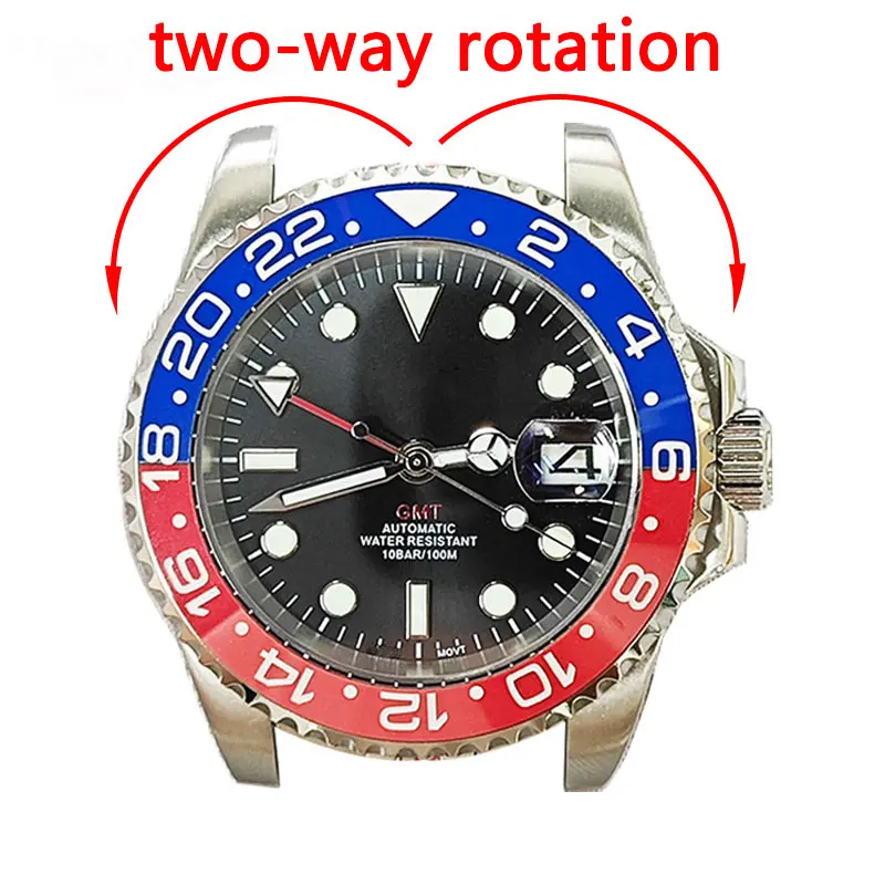 40mm GMT Watch Case Fit NH34 Movement Ceramic Bezel Sapphire Glass Stainless Steel NH34 Case Men's automatic watch accessories