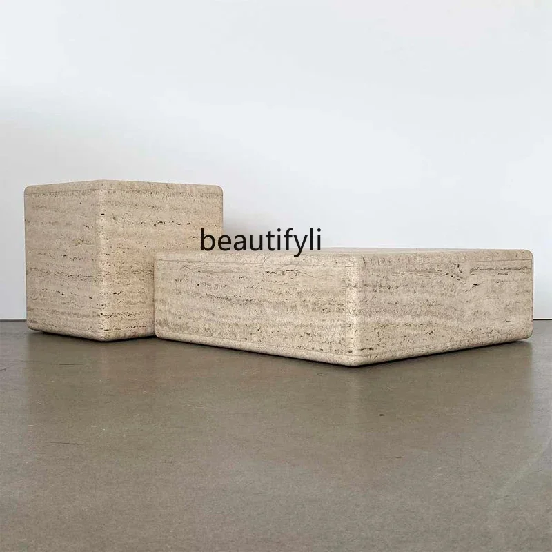 

Nordic modern simple cream style Italian travertine marble living room new coffee tableAA