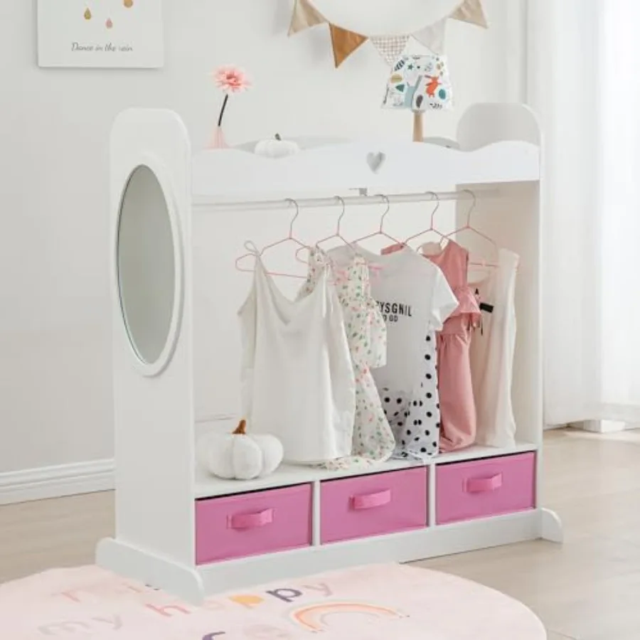 

Armoire Dress-Up Closet w/Mirror, Open Hanging Wardrobe w/Clothes Rack, Toddlers Pretend Play Costume Storage Dresser, Costume
