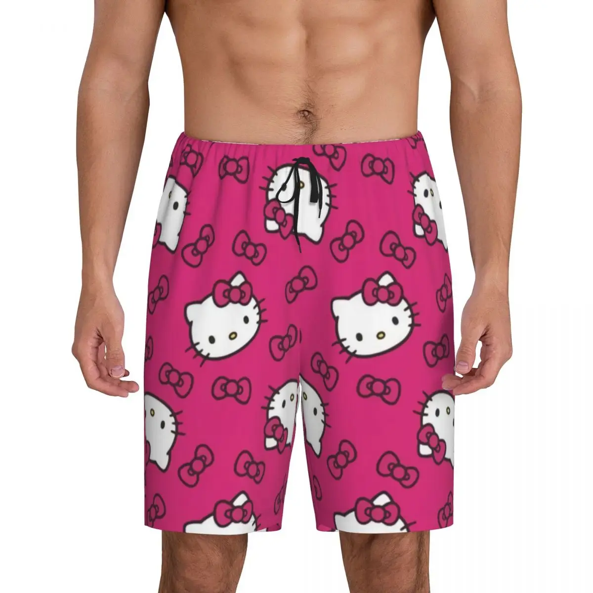 Aangepaste Roze Strik Geanimeerde Anime Hello Kitty Pyjama Broek Mannen Lounge Slaap Short Stretch Nachtkleding Pjs Met Zakken