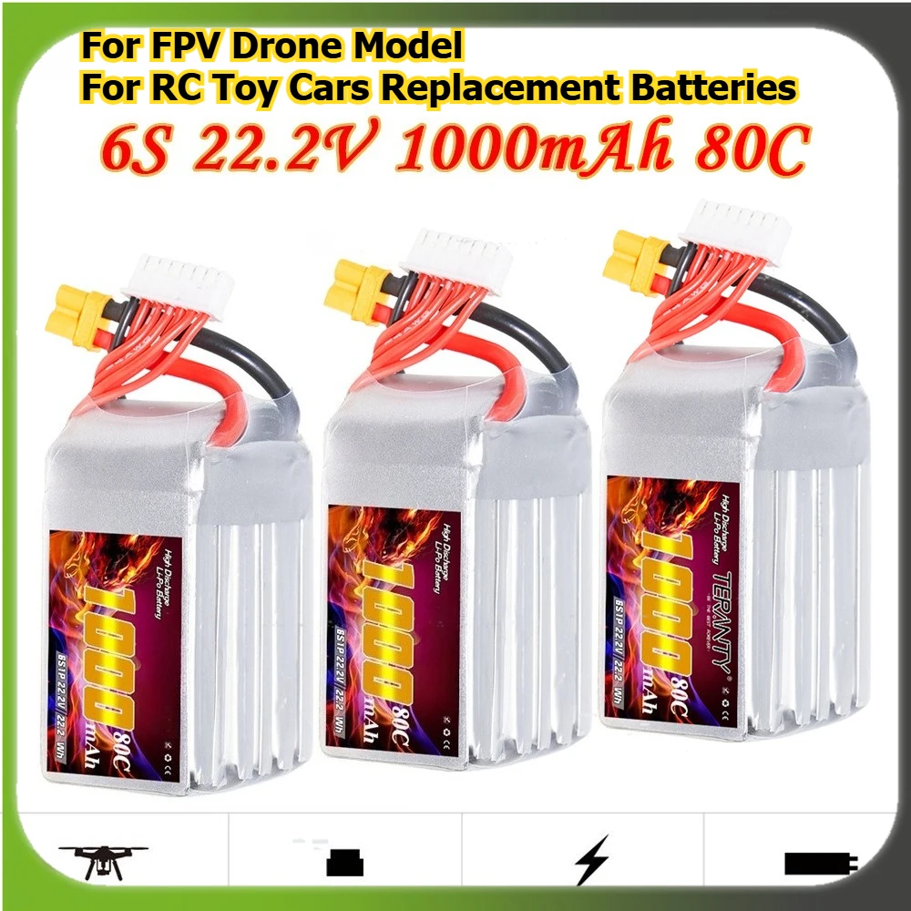 

Rechargeable 1000mAh 6S 22.2V 80C Drone Battery for FPV Drone Model LiPo Battery for RC Toy Cars Replacement Batteries