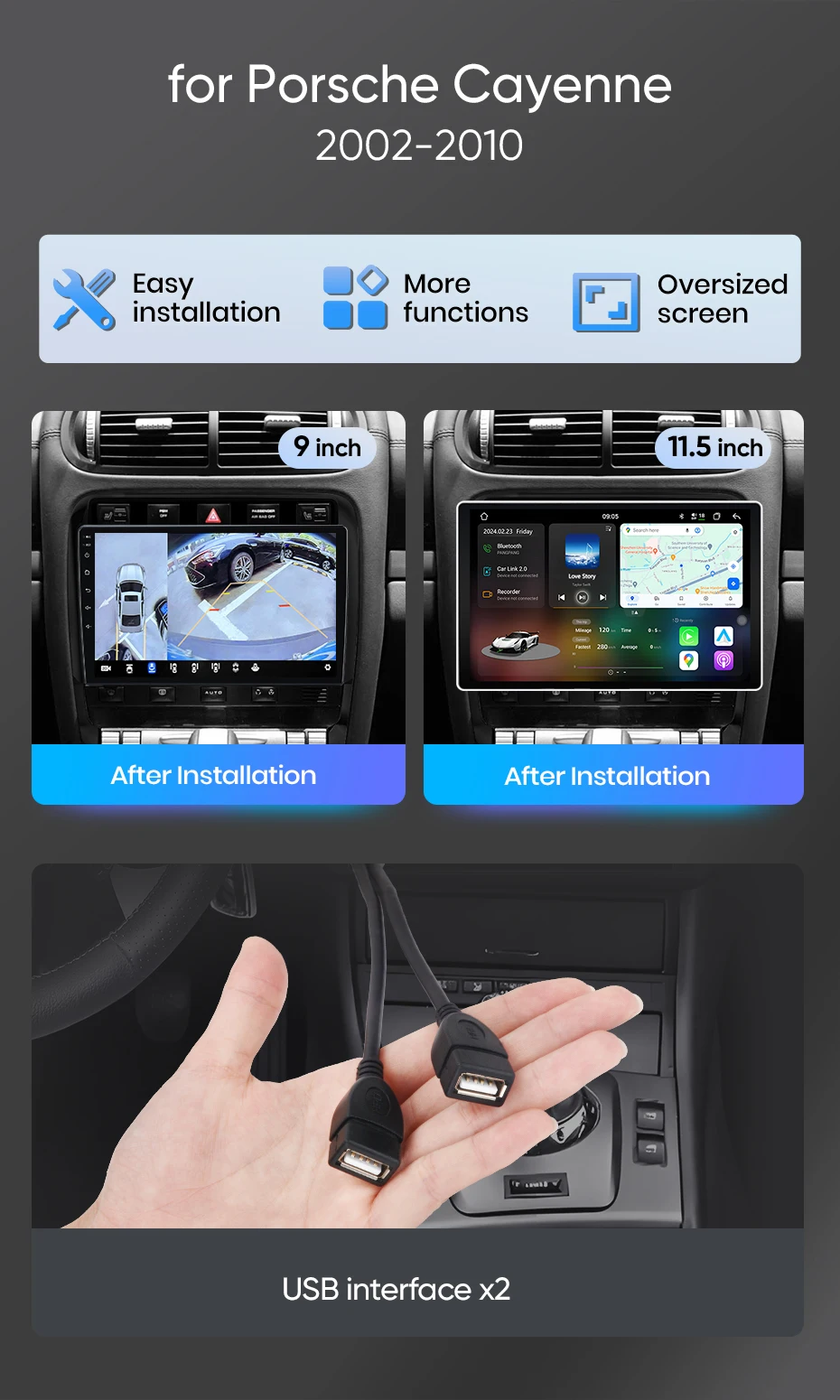 Junsun Android Auto Autoradio für Porsche Cayenne 2002 2003 2004 2005 2006 2007-2010 Multimedia Wireless Apple CarPlay Intelligente Systeme IPS Touchscreen Stereo Video Player 2 Din Autoradio Head Unit Navigation BT GPS 4G WIFI FM AM DSP RDS SWC – Detail 3