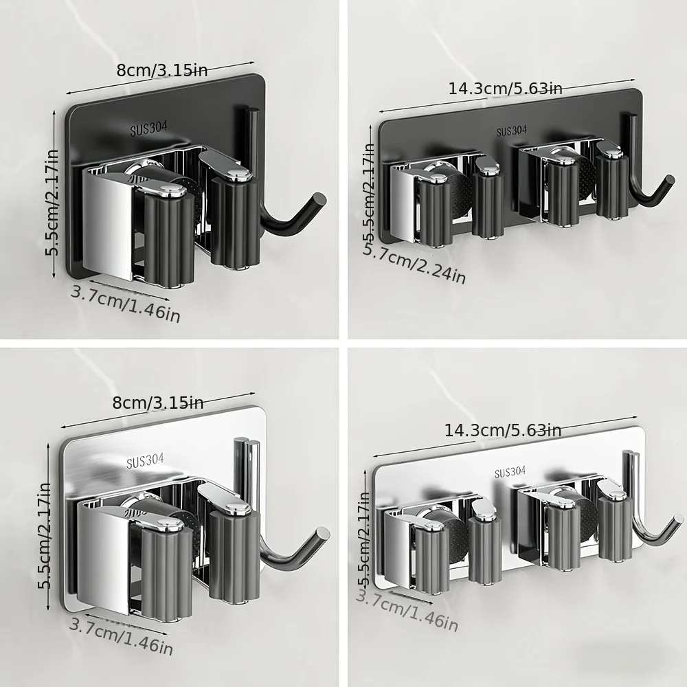Self-Adhesive No-Drill Mop And Broom HolderStainless Steel Hooks for Kitchen Toilet Bathroom Organization Storage Solution - view 6