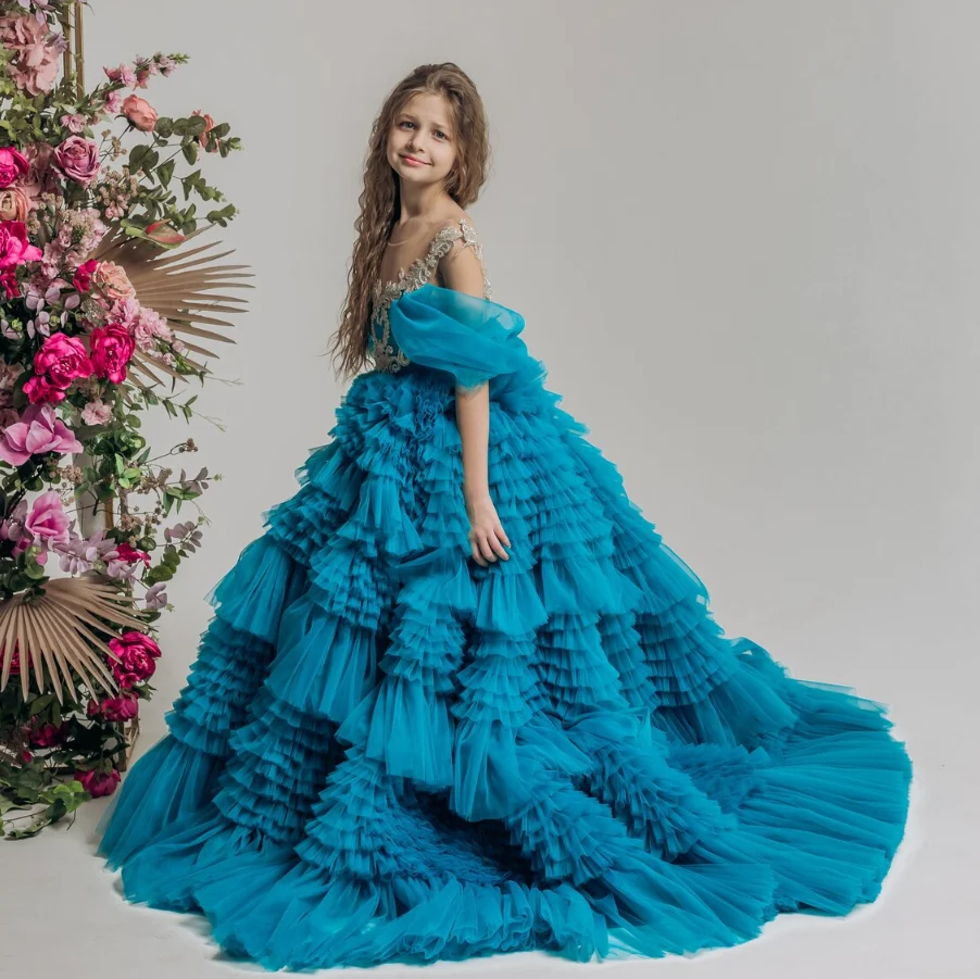 Blue Luxury Pageant Gown Laced Bodice Long Train Flower Girl Dress Ball Gown Junior Bridesmaid Dress Wedding Guest Dress