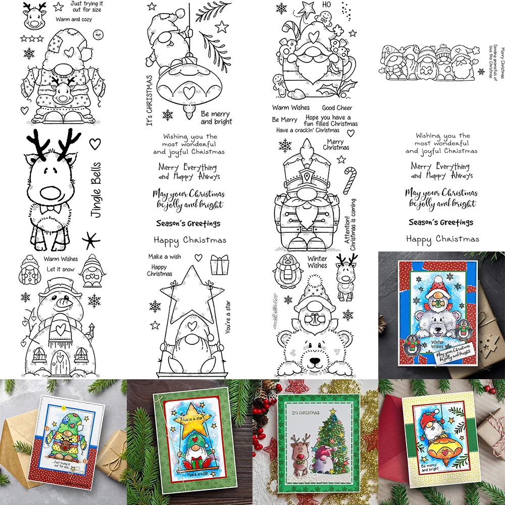 Gemischte transparente Stempel mit Motiven wie Gnom, Elch, Schneemann, Bär, Wünsche und Sätze für DIY-Scrapbooking, Weihnachtsgrußkarten und Bastelarbeiten.