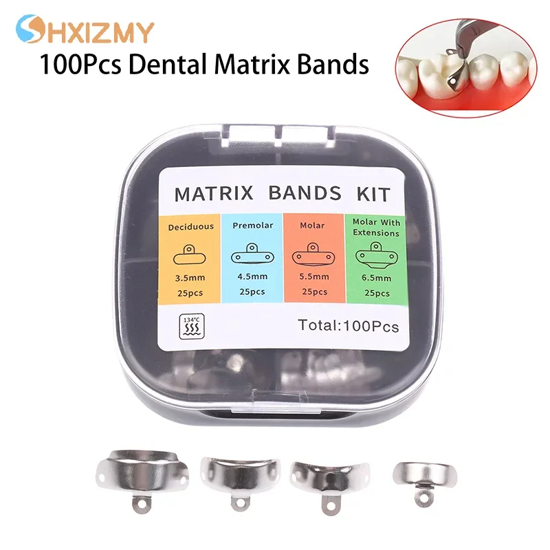 

100Pcs Mix Dental Matrix Bands Sectional Contoured Metal Matrices 3.5/4.5/5.5/6.5mm For Teeth Replacement Dentistry Supply