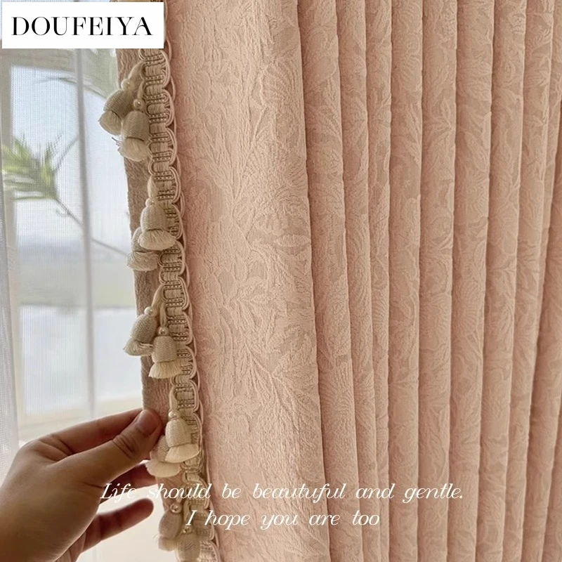 

French Luxury Relief Jacquard Chenille Pink Girl Blackout Curtains for Living Room Bedroom Dining Custom Size White Tulle Decor