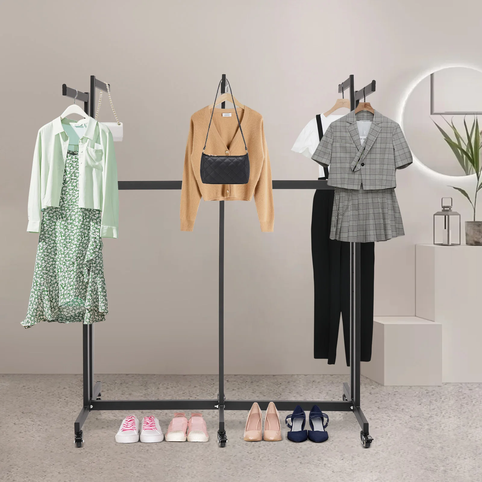 

Black 6-Arm Rolling Garment Rack, Adjustable Clothing Display Stand with Wheels, Heavyweight Apparel Rack for Retail Store