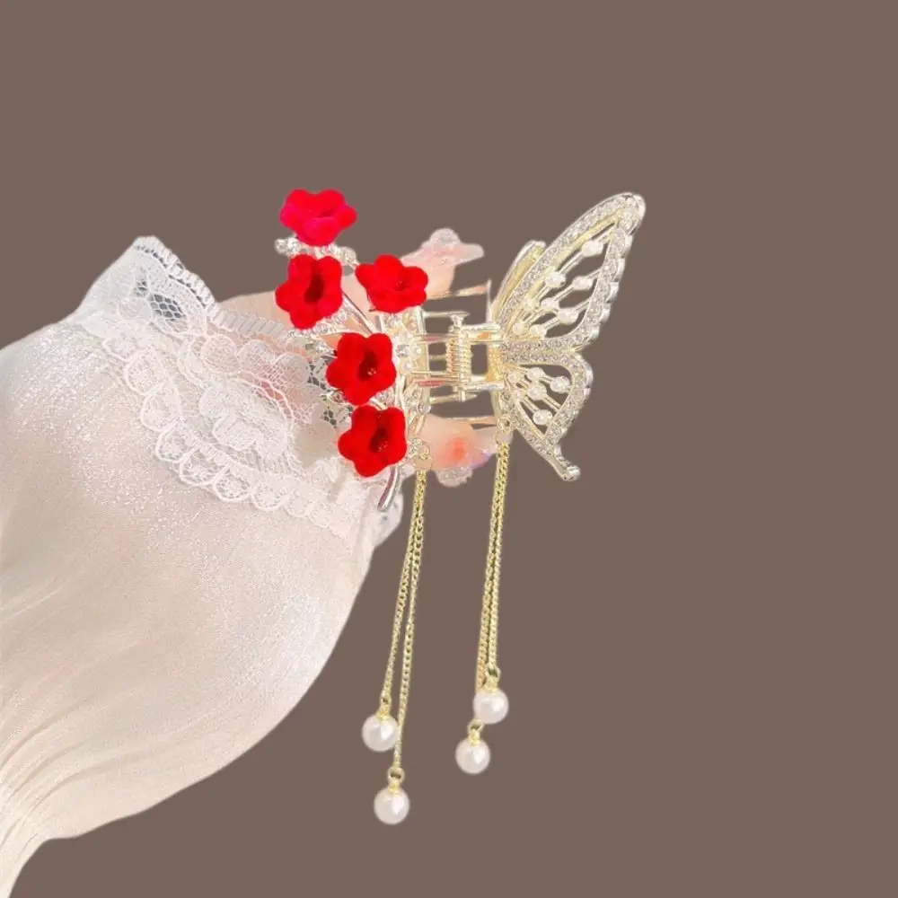 فراشة لؤلؤ شرابة مخلب الشعر للفتيات ، إكسسوارات الشعر الكورية ، مقاطع القرش الأنيقة ، ذيل حصان معدني الموضة ، مشبك كراب