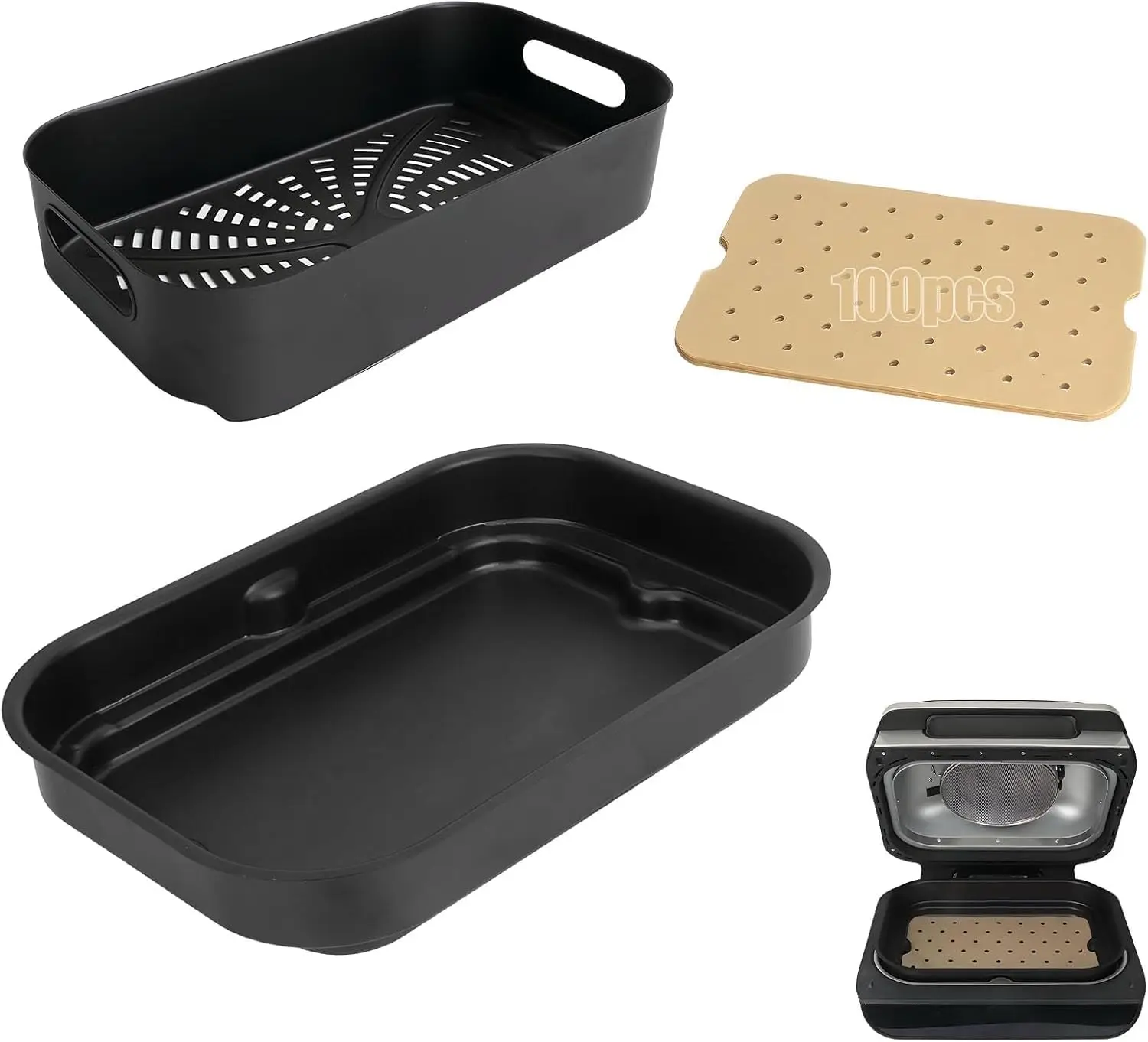 Grill Cooking Pot and Combo Crisper Basket, Non-Stick Basket & Griddle Pan Replacement for XL 6-in-1 Indoor Air Fryer Accessories, Includes 100 Pack Air Fryer Liners