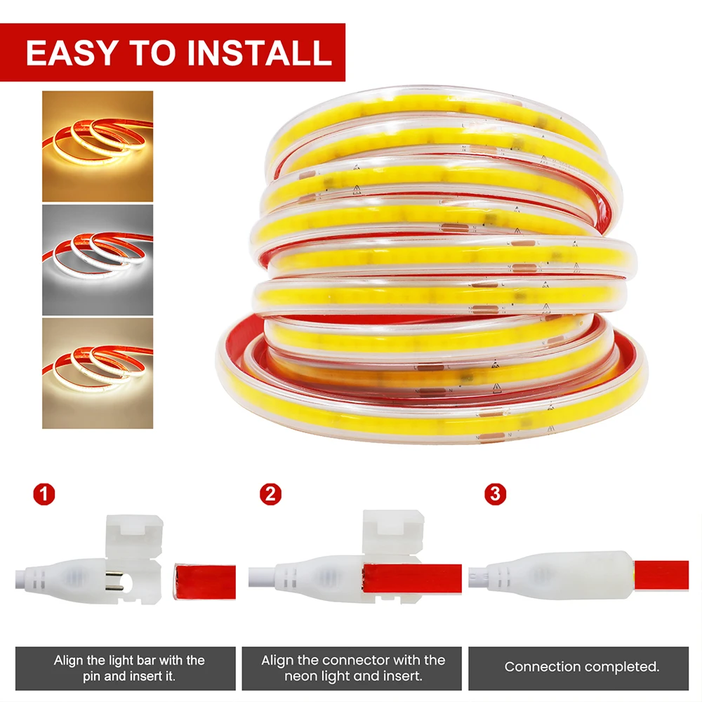 220V COB LED Strip Light with Switch EU Power Plug 2Pin Wire 240LEDs Waterproof Bright Flexible Adhesive Tape LED Lighting Decor