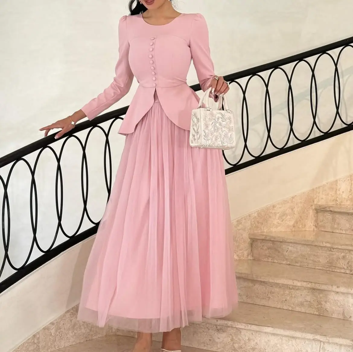 

Customized Graceful Organza A-Line Buttons Evening Dress Temperament O-neck Long Sleeves Floor Length فساتين سهرة