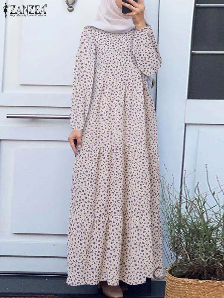 ZANZEA-vestido musulmán de Hijab turco para mujer, Vestido largo de Dubái con estampado Floral, Túnica Maxi de manga abullonada, moda de otoño