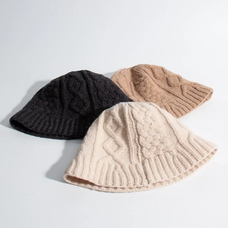 Wool blended woolen Yarn Bucket Hat Women  winter Korean version versatile warm Japanese solid color knitted thickened basin hat