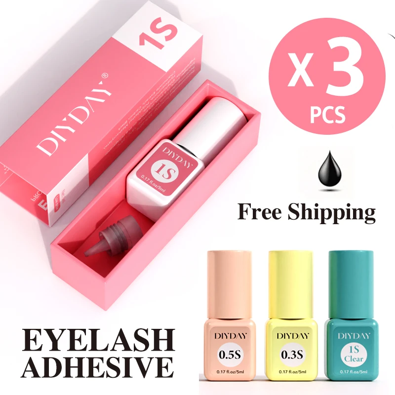 

DIYDAY 3pcs Fast Drying Eyelash Glue, Long Lasting Latex-free Safe for Sensitive Eyes, 0.3S 0.5S 1S Lashes Extension Adhesive