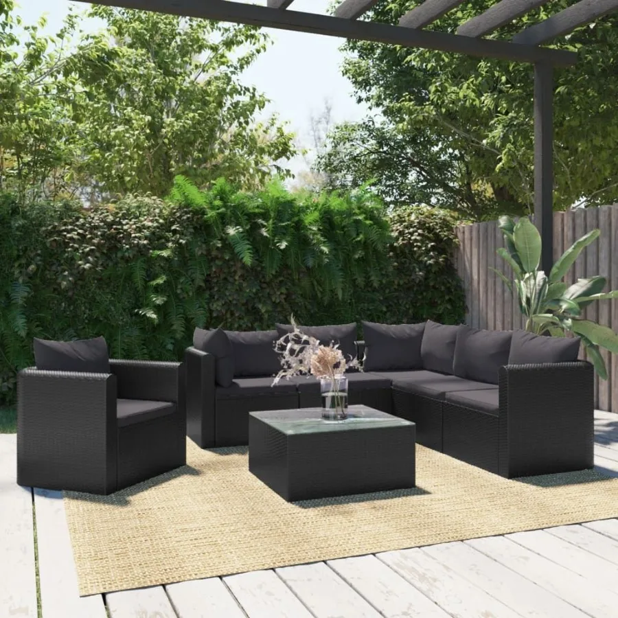 

7 Piece Patio Lounge Set with Cushions Poly Rattan Black