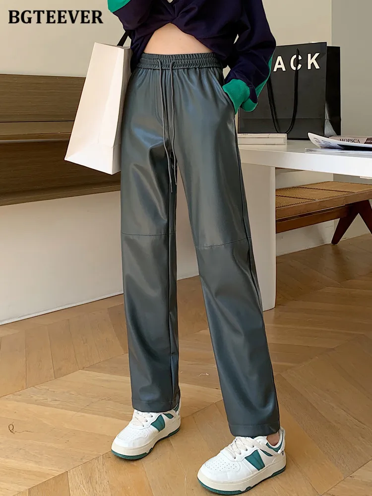 BGTEEVER Casual Drawstring PU Leather Trousers Women Spring Autumn Elastic Waist Straight Faux Leather Pants Female