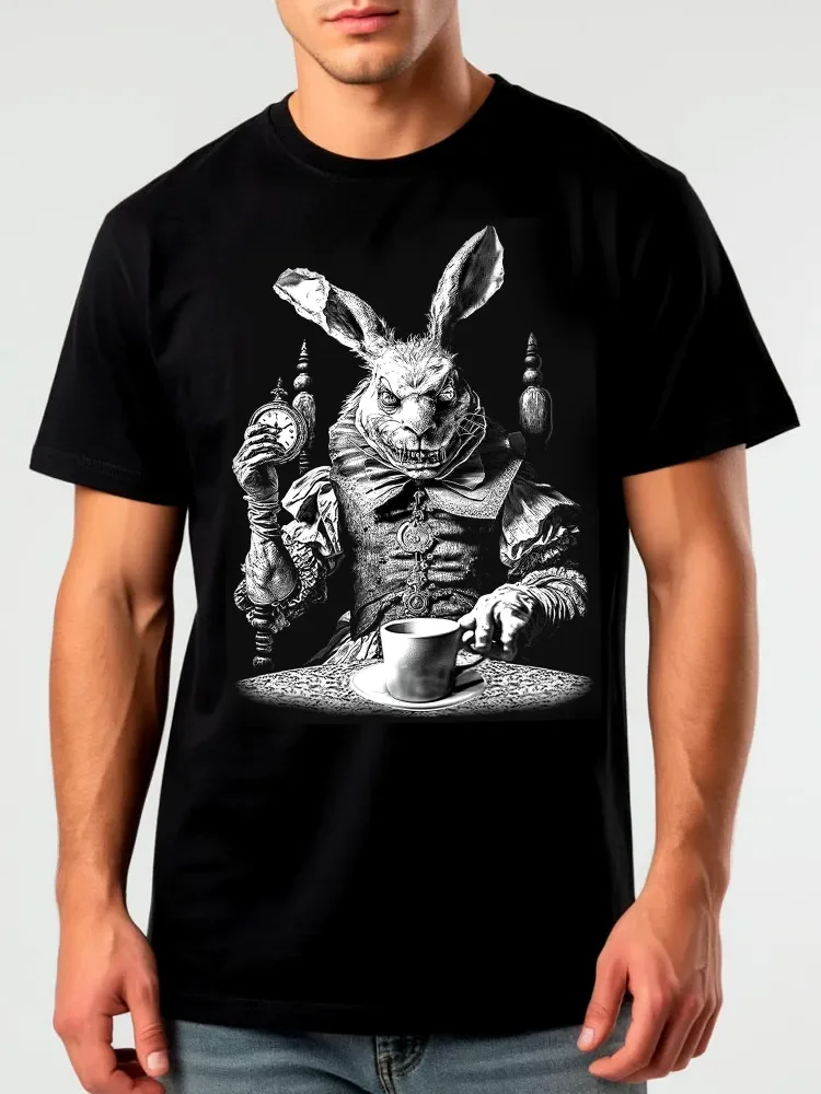 Alice in Wonderland White Rabbit T-Shirt Gothic Dark Art Sketch Graphic Tee Vintage Tea Cup Printed T-shirt  Casual Fashion Top