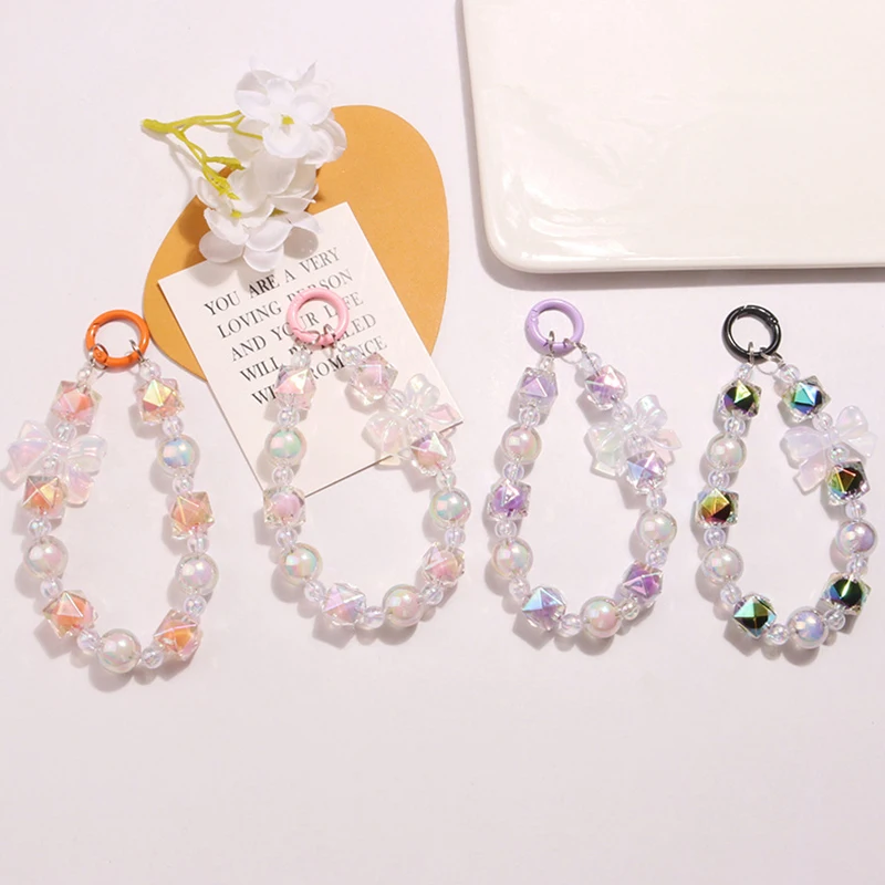 Korean Ins Style Beaded Mobile Phone Chain Acrylic Beaded Bow Wrist Strap Bag Headphone Pendant Charms Phone Keychain