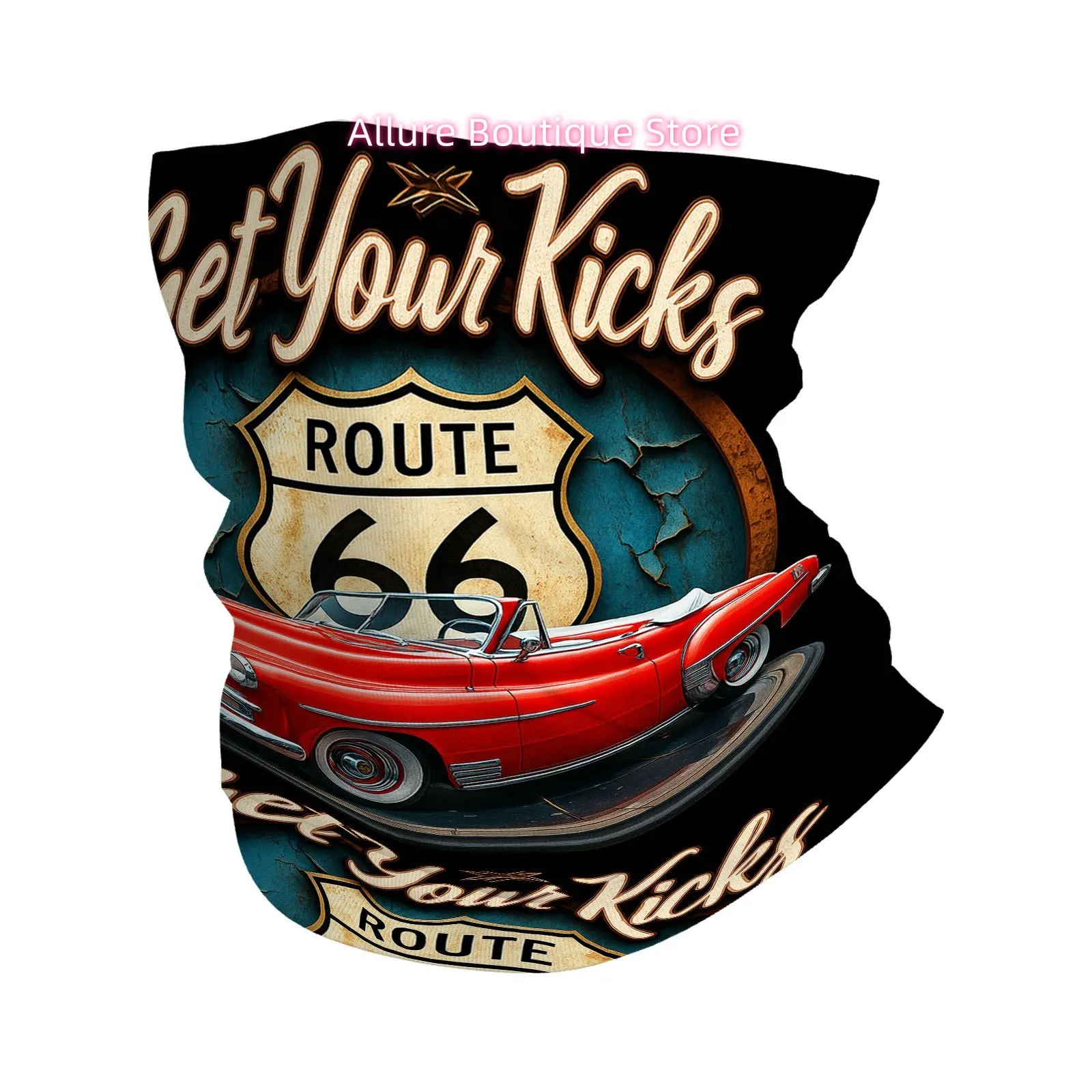 Vintage Red Car, Route 66 Sign, Classic Americana Print Scarf - Multi-Functional Face And Neck Mask | Breathable Unisex Versatil