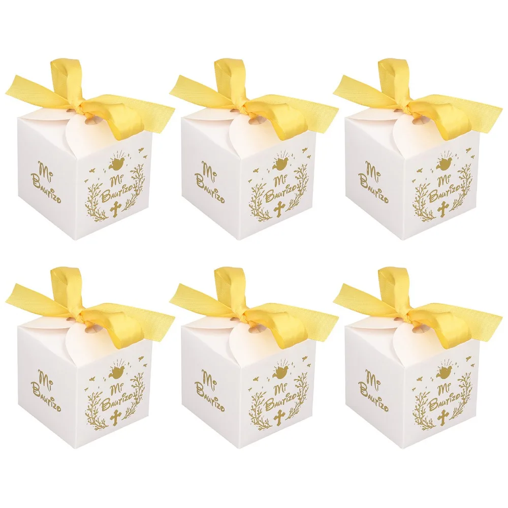 

50 шт. подарочных коробочек из бумаги с золотой лентой, 2,6 x 2,6 x 2,6 дюйма, свадебные коробочки, белые коробочки для конфет с испанским узором