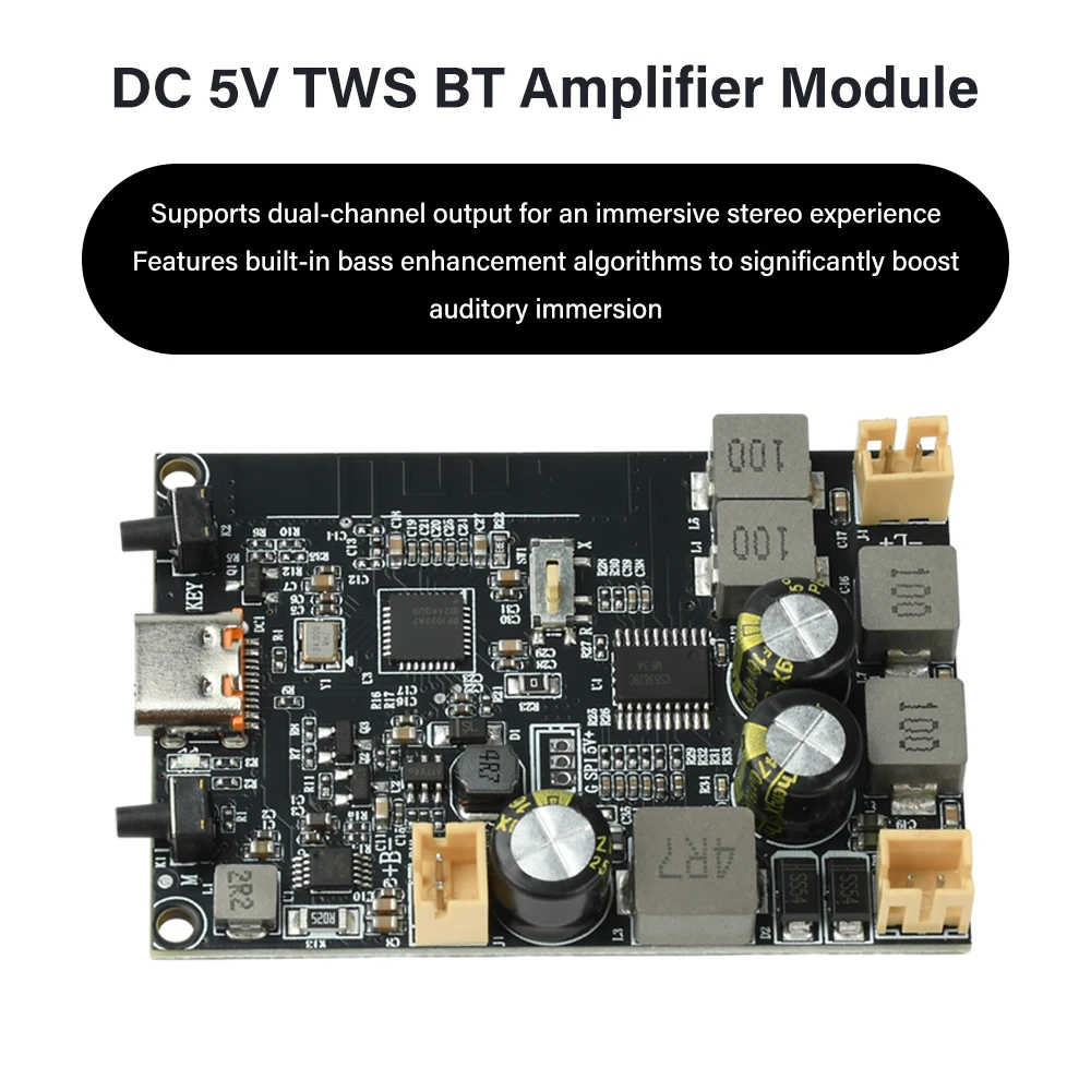 DC5V TWS Bluetooth-Verstärkerplatine 2×10W Zweikanal-Bassverstärkungs-Algorithmus Bluetooth-Verstärkermodul Typ-C-Schnittstelle