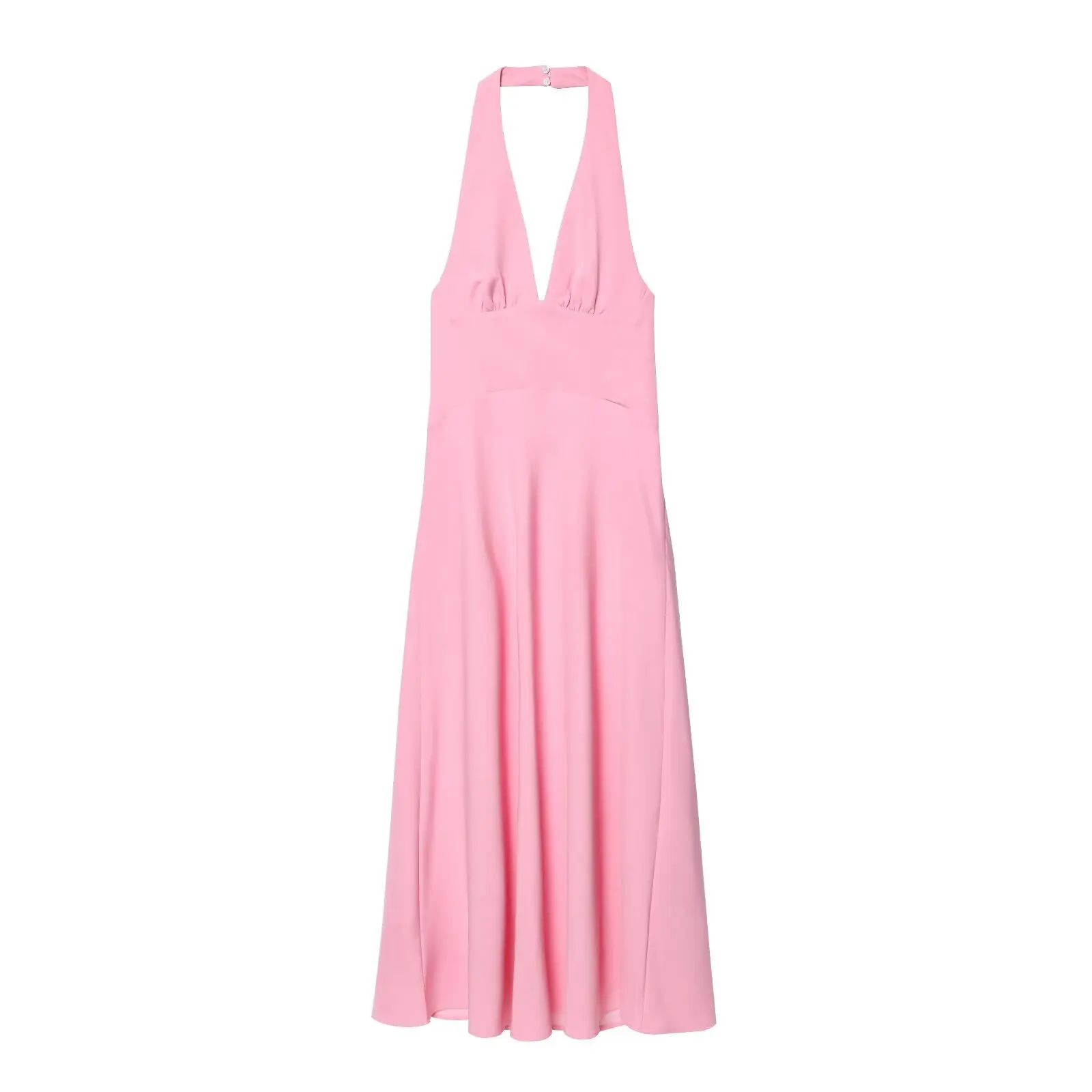 

Women's new chic fashion pleated decoration solid slim hanging neck Midi dress retro sleeveless backless women's dress