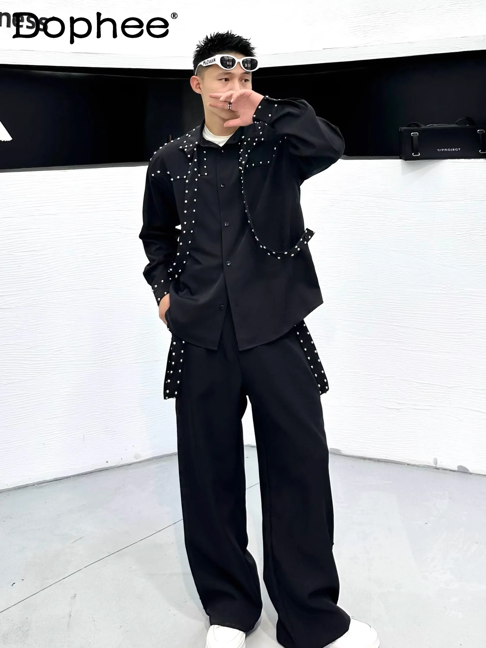 

2025 Autumn New Rivet Long Sleeve Shirt Set for Men American High Street Personality Metal Design Loose Handsome Two-Piece Set